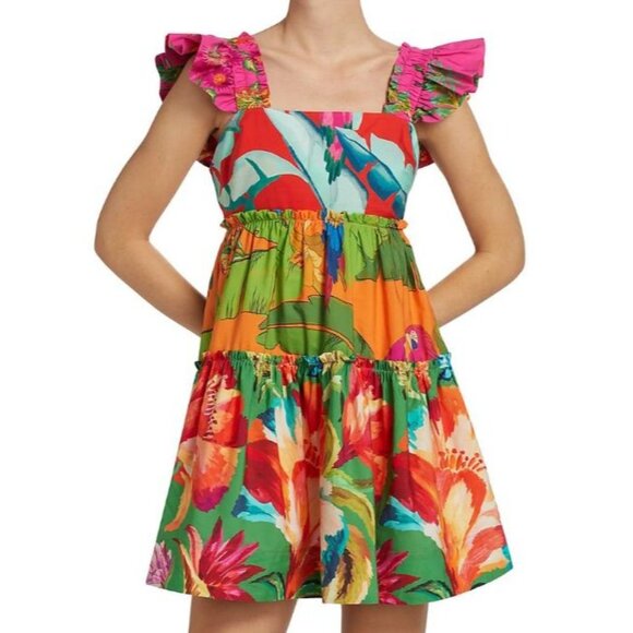 Farm Rio Foliage Cotton Tiered Minidress Ruffled Straps Vibrant Floral Print XS - Picture 3 of 16